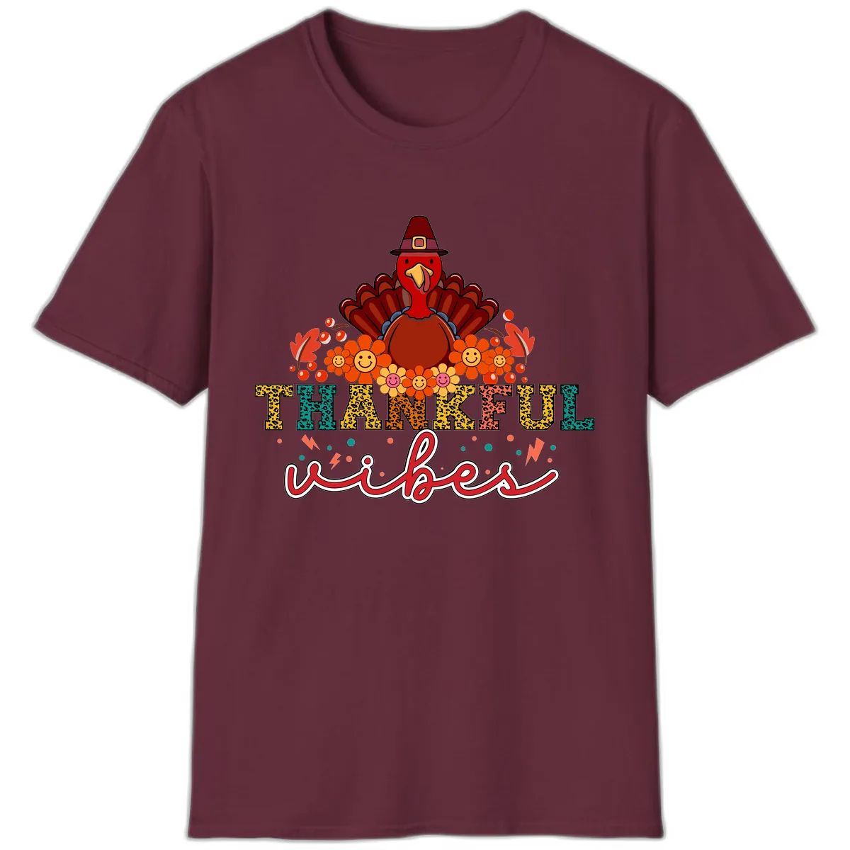 Turkey Vibes Thanksgiving Design T-Shirt in Maroon
